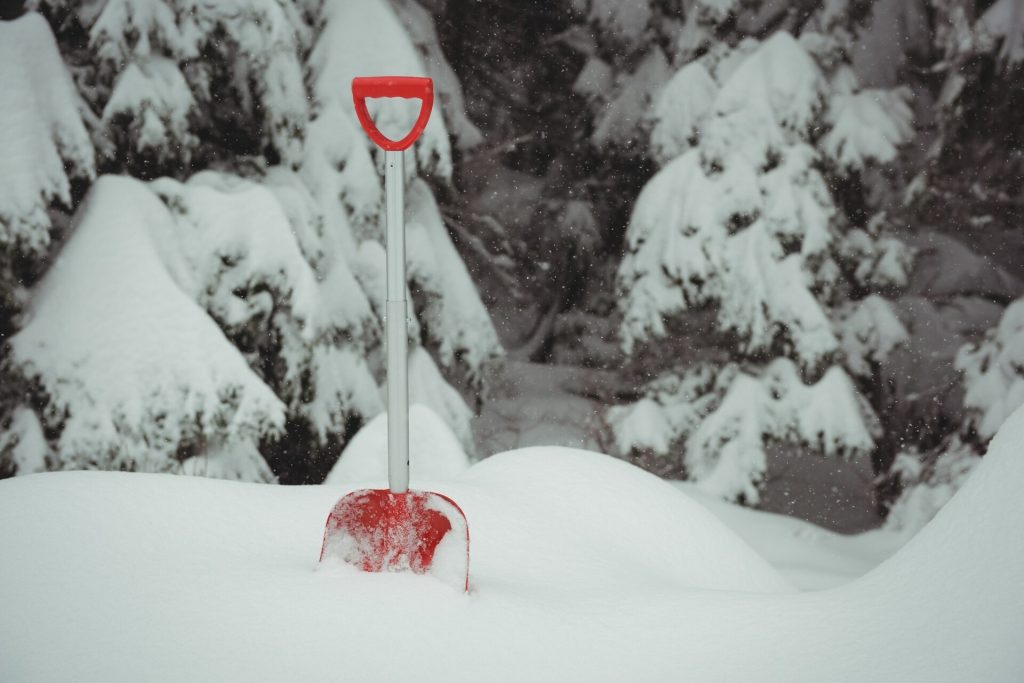 En röd snöskyffel nedstucken i djup snö bland snötyngda granar