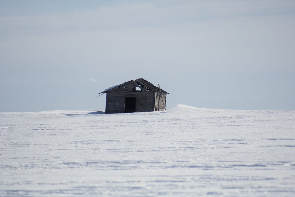 En ensam trästuga på ett snötäckt fält under grå himmel